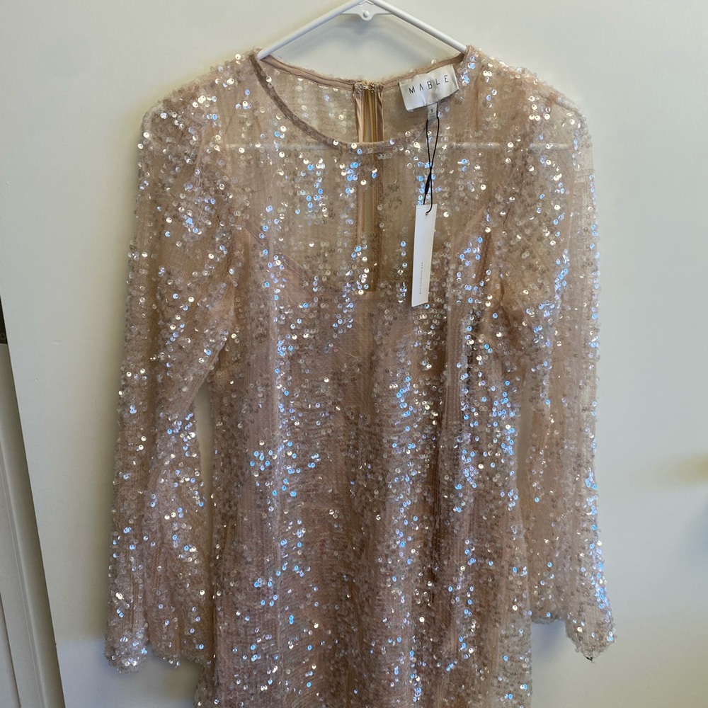 MARBLE Champagne Sequin Long-Sleeve Tunic Top